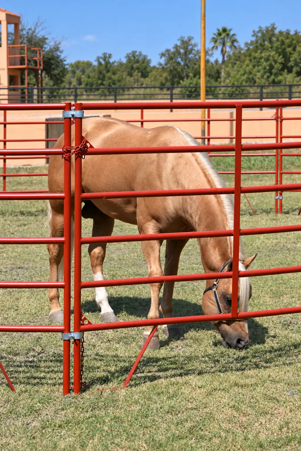 Caballo dentro de corral de paneles rojos LM Ironworks