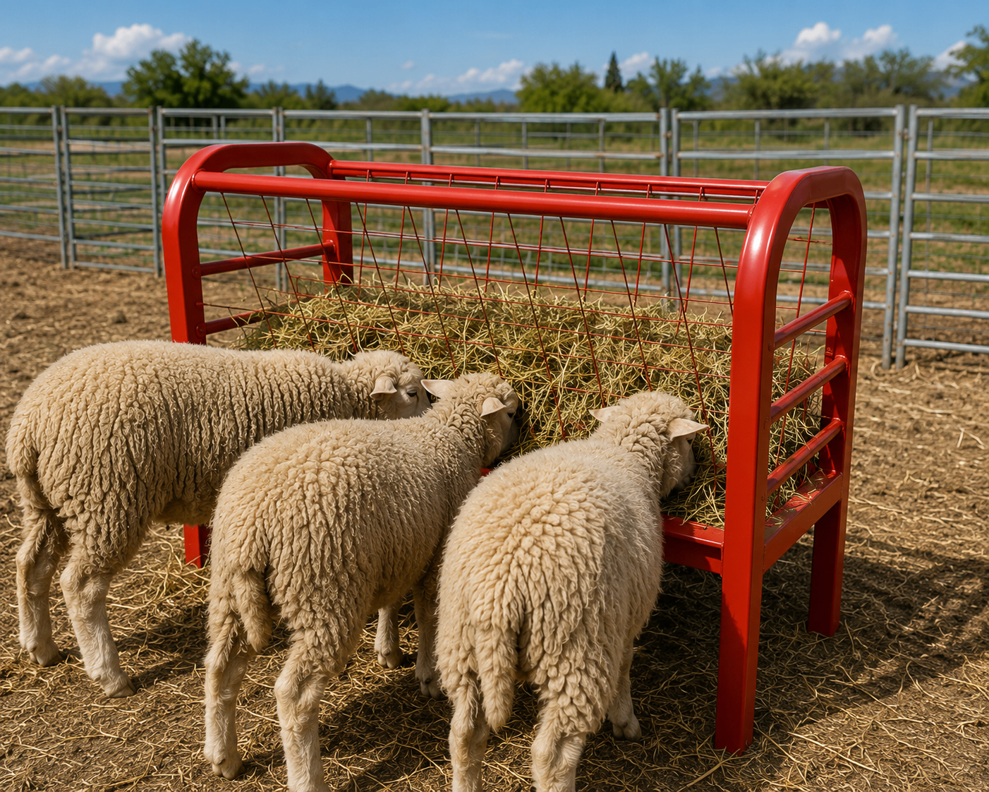 Comedero rojo para borregos y cabras con animales alimentándose